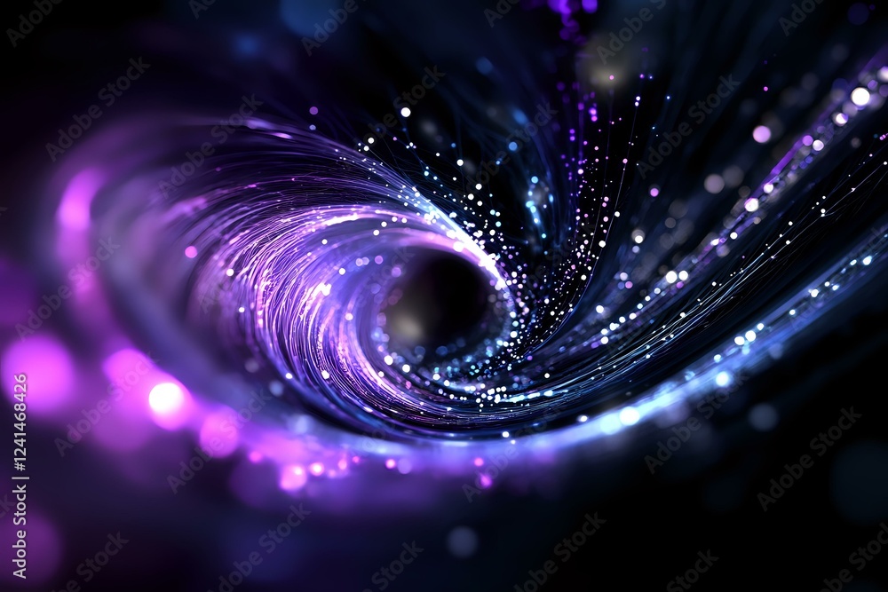 Poster mesmerizing spiral vortex with glowing purple and blue particles creating dynamic motion effect agai