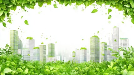 Urban Greenery Concept with Lush Leaves and Skyline Background