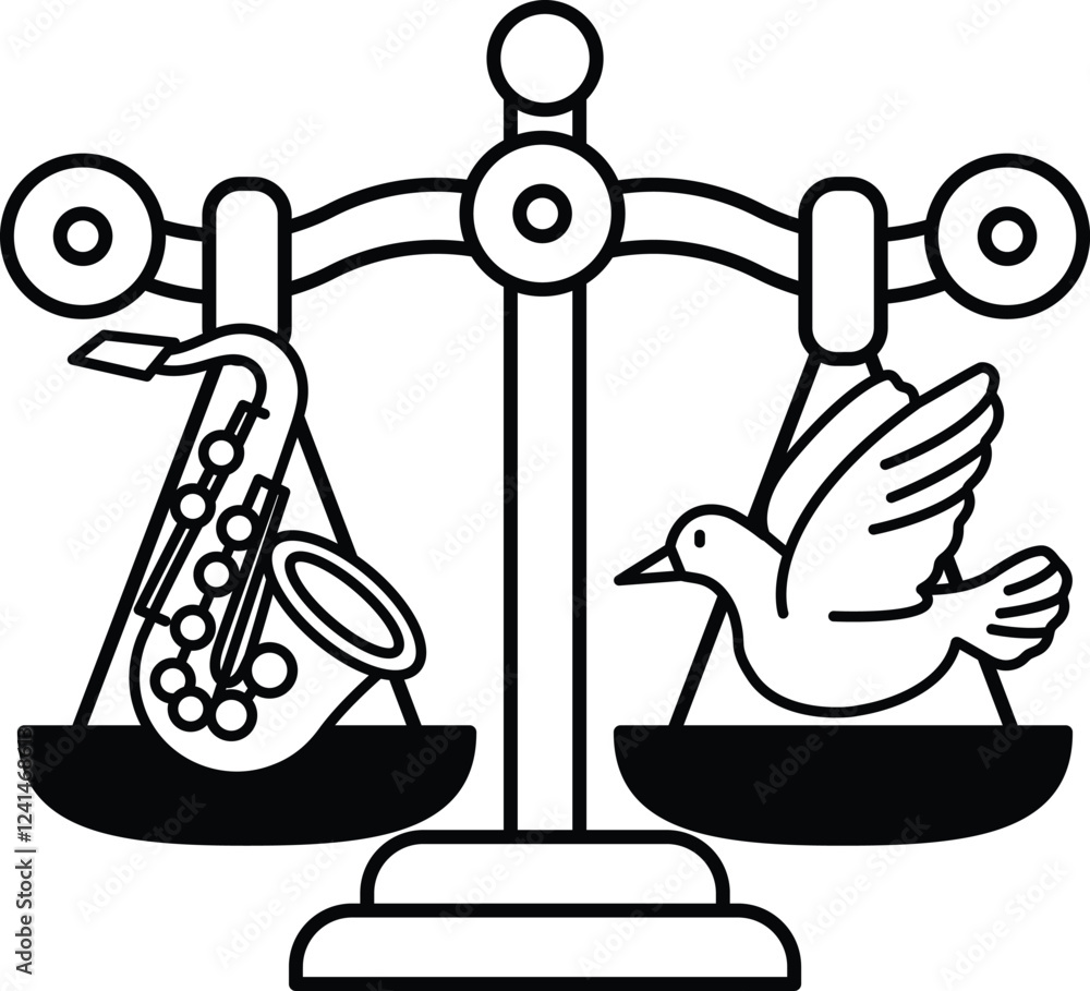 Poster a scale with a bird on one side and a saxophone on the other