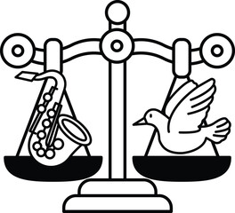A scale with a bird on one side and a saxophone on the other