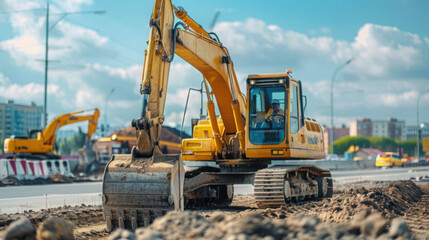 Obraz premium Excavator in the construction of a highway.Excavator or digger at construction Site during sunset. Heavy industry.