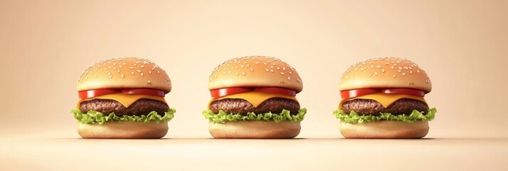 Three mouthwatering cheeseburgers on a beige background. Perfect for a fast food lover.