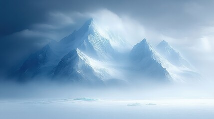 Serene Ice-Covered Mountains with Misty Background and Soft Light