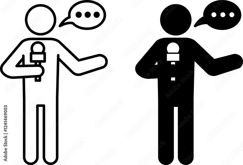 Poster interviewer icons. black and white vector icons. information collection through survey and questionn
