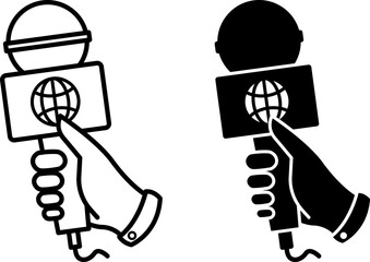 Correspondent Icons. Black and White Vector Icons. Hand Holding Microphone. Journalist Interview. Journalism Concept
