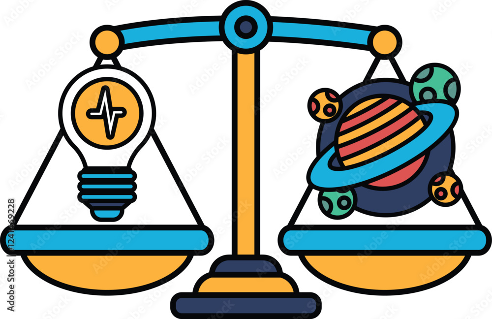 Poster a scale with a light bulb on one side and a planet on the other
