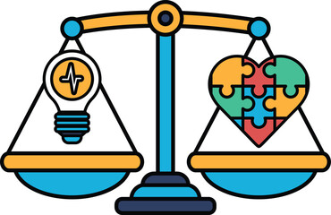 A scale with a light bulb on one side and a puzzle piece on the other