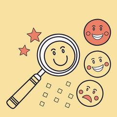 A magnifying glass focuses on smile face among different feedback emoticons on yellow background. feedback survey concept to gather insights and improve its services.
