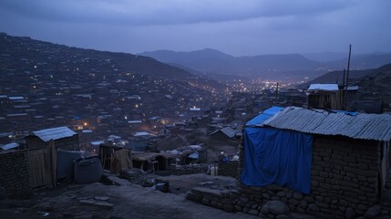 Hillside slum twilight, mountain city lights, poverty, developing nation