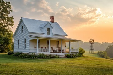 Obraz premium Traditional white farmhouse with a wraparound wooden porch and rocking chairs, nestled in the middle of rolling green fields.