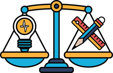 A scale with a pencil and a light bulb on it