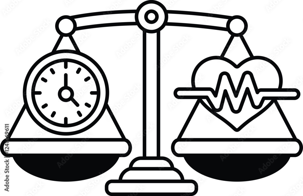 Poster a black and white drawing of a scale with a clock on one side