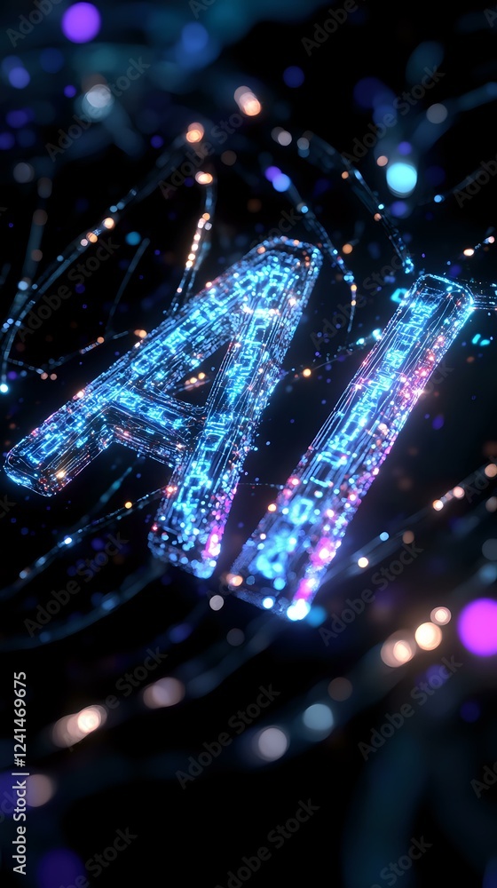 Poster glowing ai letters with circuit pattern texture in blue and pink neon colors on dark background with