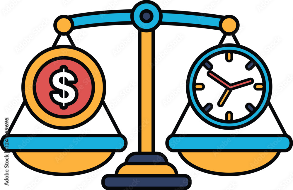 Poster a scale with a dollar sign on one side and a clock on the other