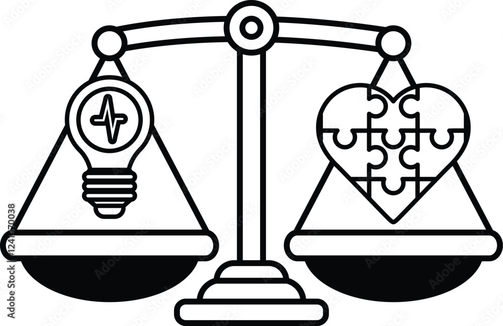 Poster a scale with a light bulb on one side and a puzzle piece on the other