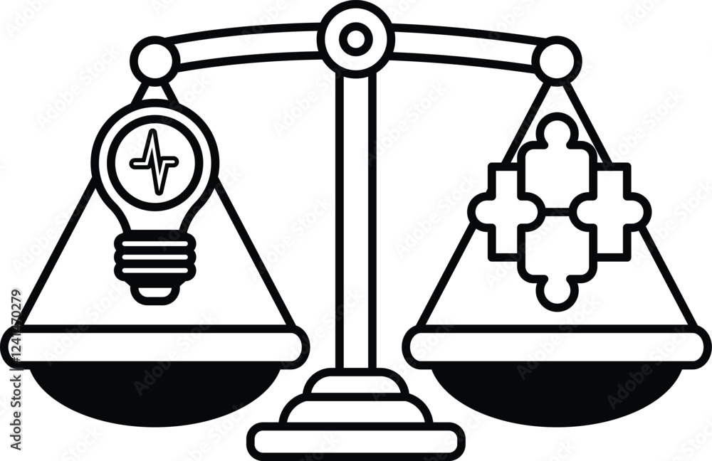Poster a scale with a light bulb on one side and a puzzle on the other
