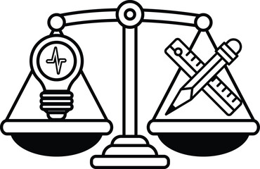 A black and white image of a scale with a light bulb on one side and a pencil