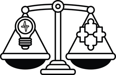 A scale with a light bulb on one side and a puzzle on the other