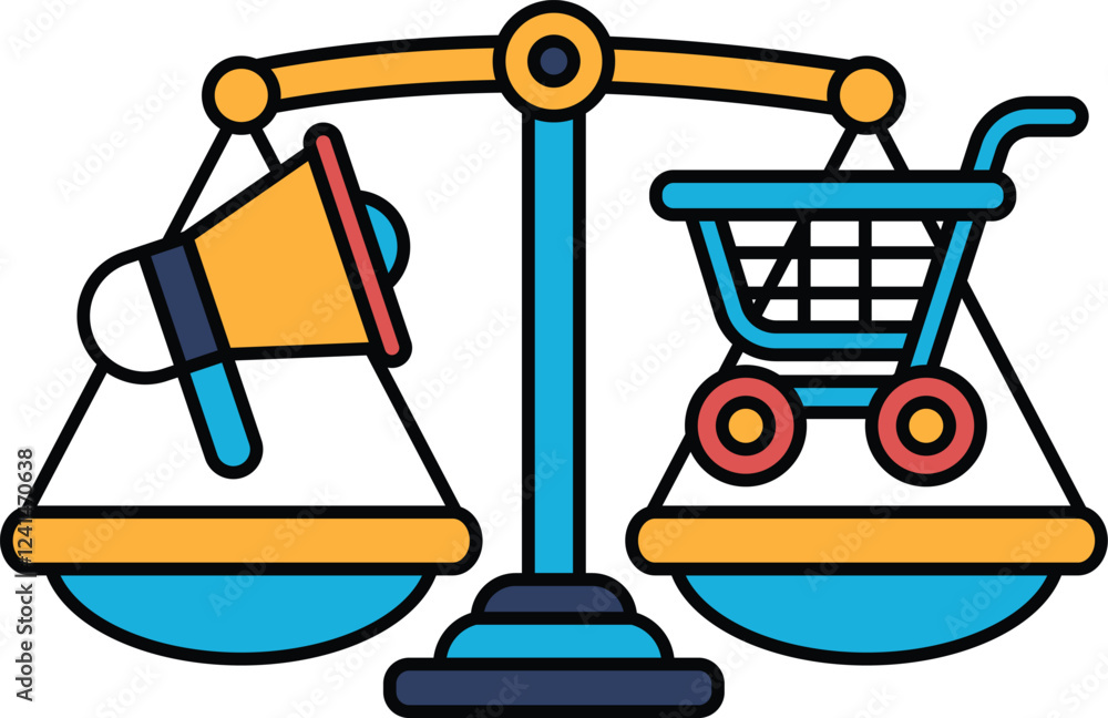 Poster a scale with a shopping cart on one side and a megaphone on the other