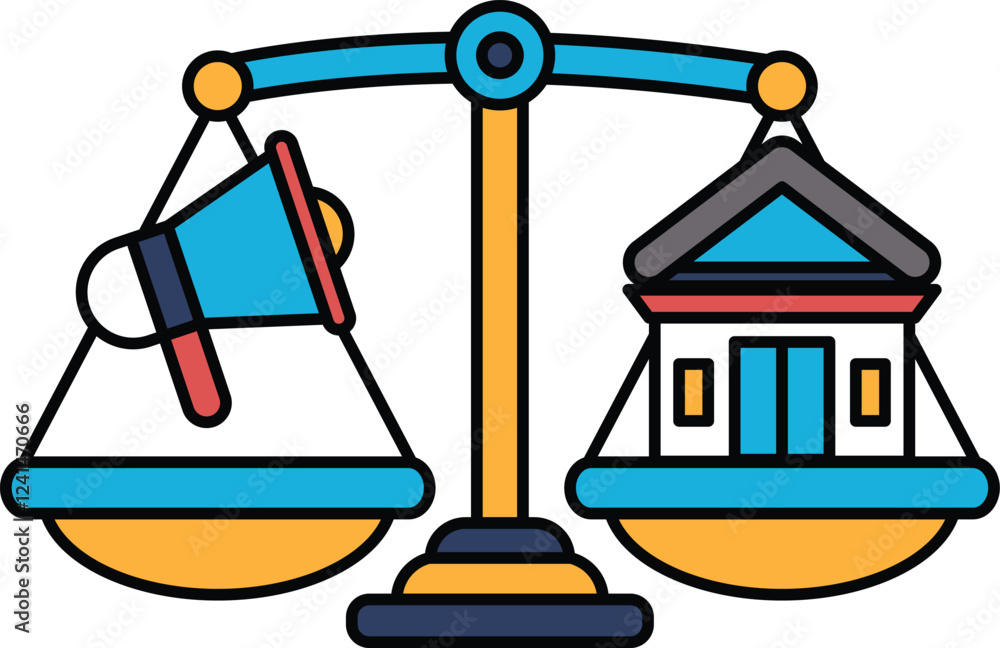 Poster a scale with a microphone on one side and a building on the other