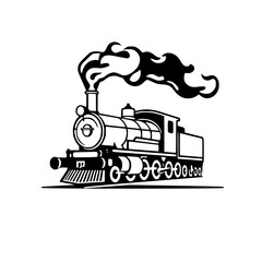 Vintage Steam Train: A Classic Railroad Journey. Retro Locomotive Design, Black and White Transportation Illustration. Perfect for travel, adventure, and history enthusiasts.