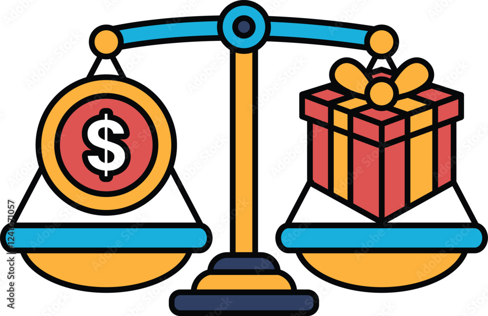 Poster a scale with a dollar sign on one side and a red box on the other