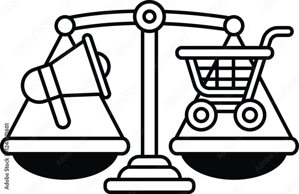 Poster a scale with a shopping cart on one side and a megaphone on the other