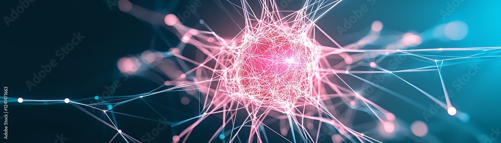 Aufkleber pink glowing virus cell with spikes on turquoise background showing molecular connections and neural
