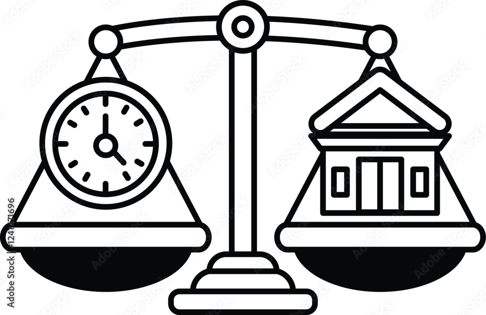 Poster a scale with a clock on one side and a building on the other