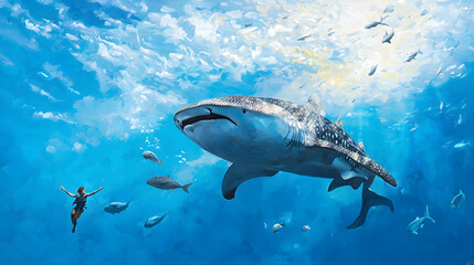 Fototapeta premium Giant Shark Powerfully Navigating the Ocean Depths
