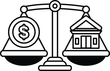 A scale with a dollar sign on one side and a building on the other