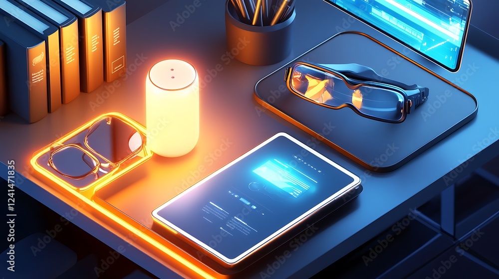 Poster a high-tech office desk setup with ai-powered productivity tools, a glowing digital assistant device