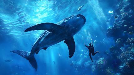 Fototapeta premium Giant Shark Powerfully Navigating the Ocean Depths