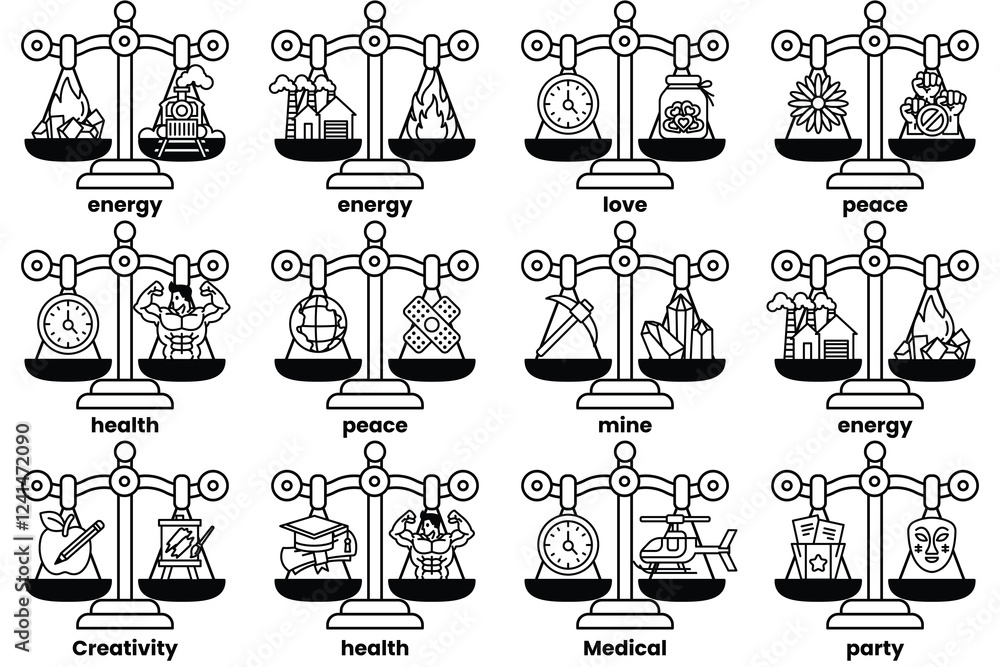 Poster set of illustrations in the concept of scales and various things in line drawing style