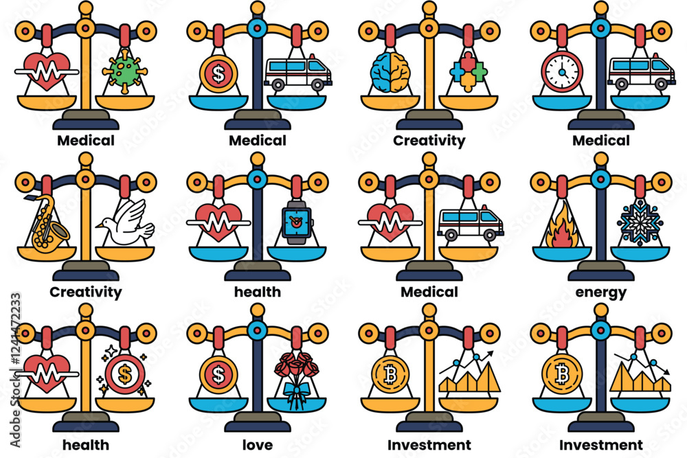 Poster set of illustrations in the concept of scales and various things in line drawing style