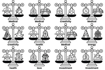 Set of illustrations in the concept of scales and various things in line drawing style