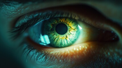 Fototapeta premium Close-up eye, green iris, dark background, digital art, visual impact