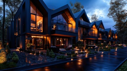 Fototapeta premium Beautiful modern cabins illuminated at night surrounded by blooming gardens, creating a serene atmosphere that evokes feelings of peace and tranquility in nature.