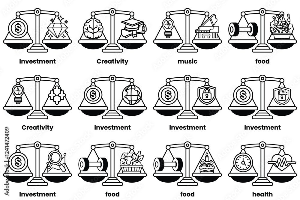 Poster set of illustrations in the concept of scales and various things in line drawing style