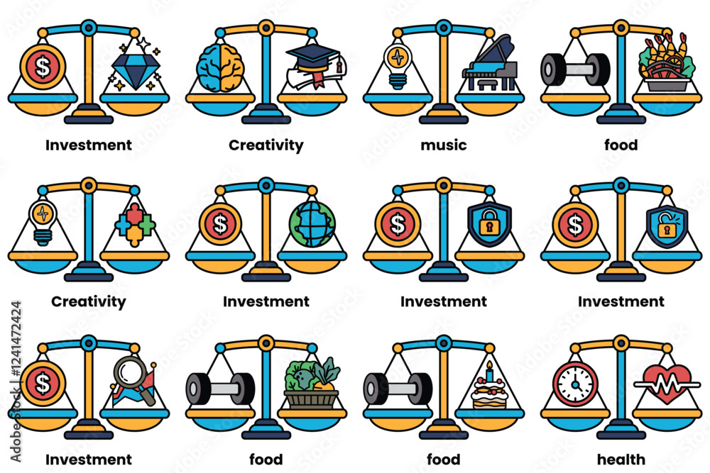 Poster set of illustrations in the concept of scales and various things in line drawing style