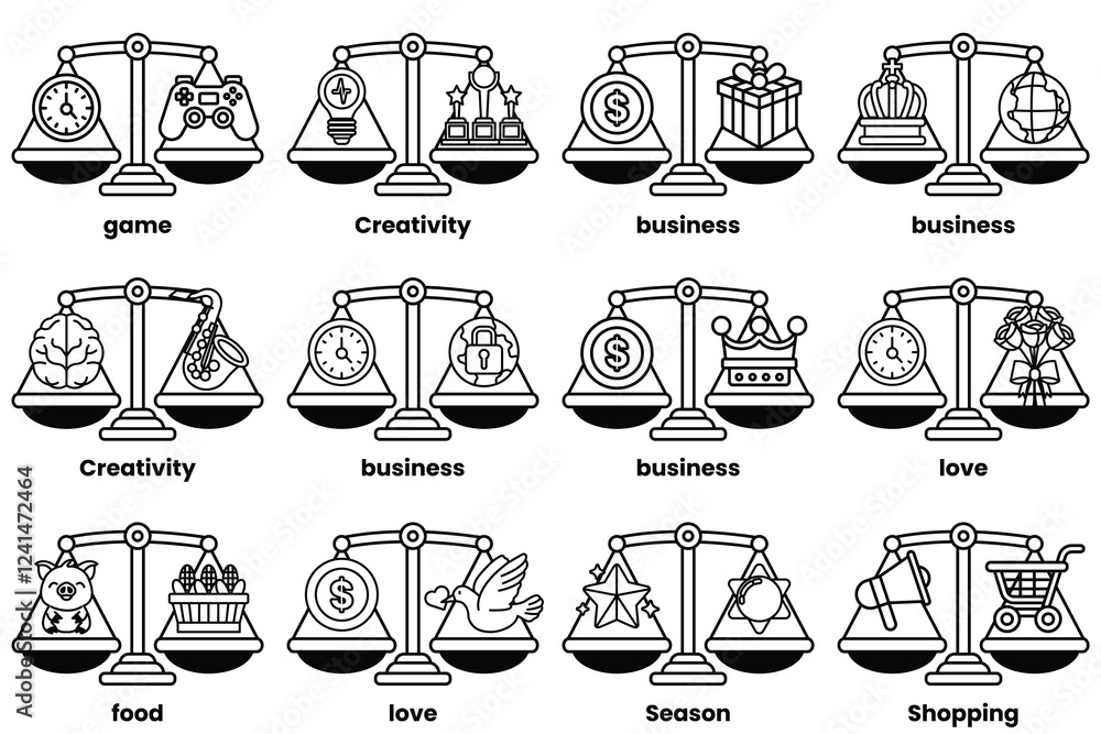 Poster set of illustrations in the concept of scales and various things in line drawing style