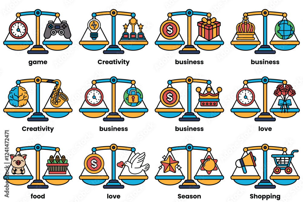 Poster set of illustrations in the concept of scales and various things in line drawing style
