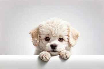 Cute adorable domestic curious pet dog animal puppy with its paws peeking over a white surface, photorealistic illustration on isolated background texture design.
