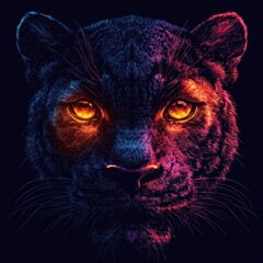 Majestic Panther Portrait Neon Art Glowing Eyes Wildcat Closeup Illustration