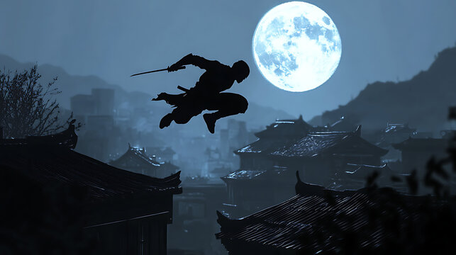  A lightning-fast ninja dashing across rooftops under a full moon (3)