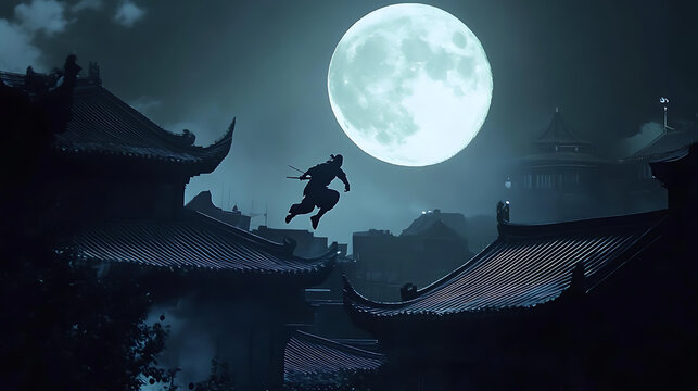  A lightning-fast ninja dashing across rooftops under a full moon 