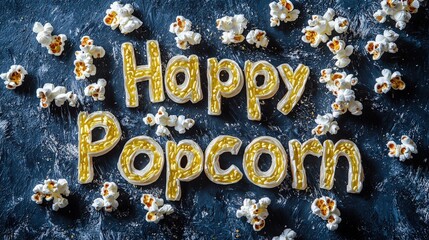 Whimsical Illustration of Happy Popcorn Crafted with Butter and Surrounded by Delicious Snack Treats on Dark Background