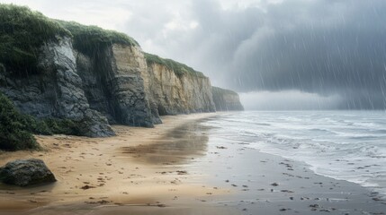 Dramatic coastal cliffs and rainy seashore scene with rolling clouds