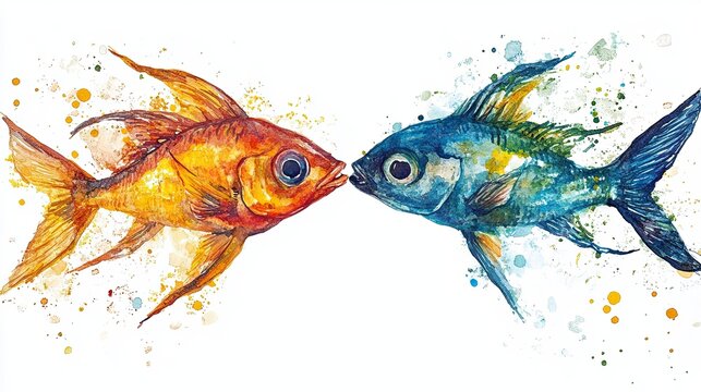 A vibrant watercolor fish, abstractly painted, set against a pure white background