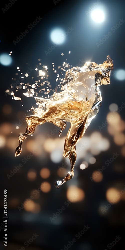 Poster dynamic liquid splash forming horse silhouette against dark background with bokeh lights, frozen mot